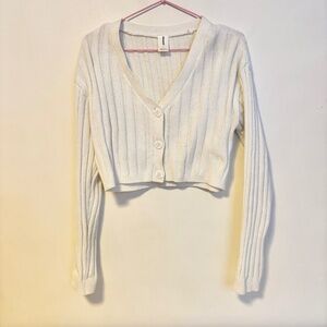 Abound Cotton Blend Ribbed V Neck Button Up Crop Cardigan Sweater Cream Womens S